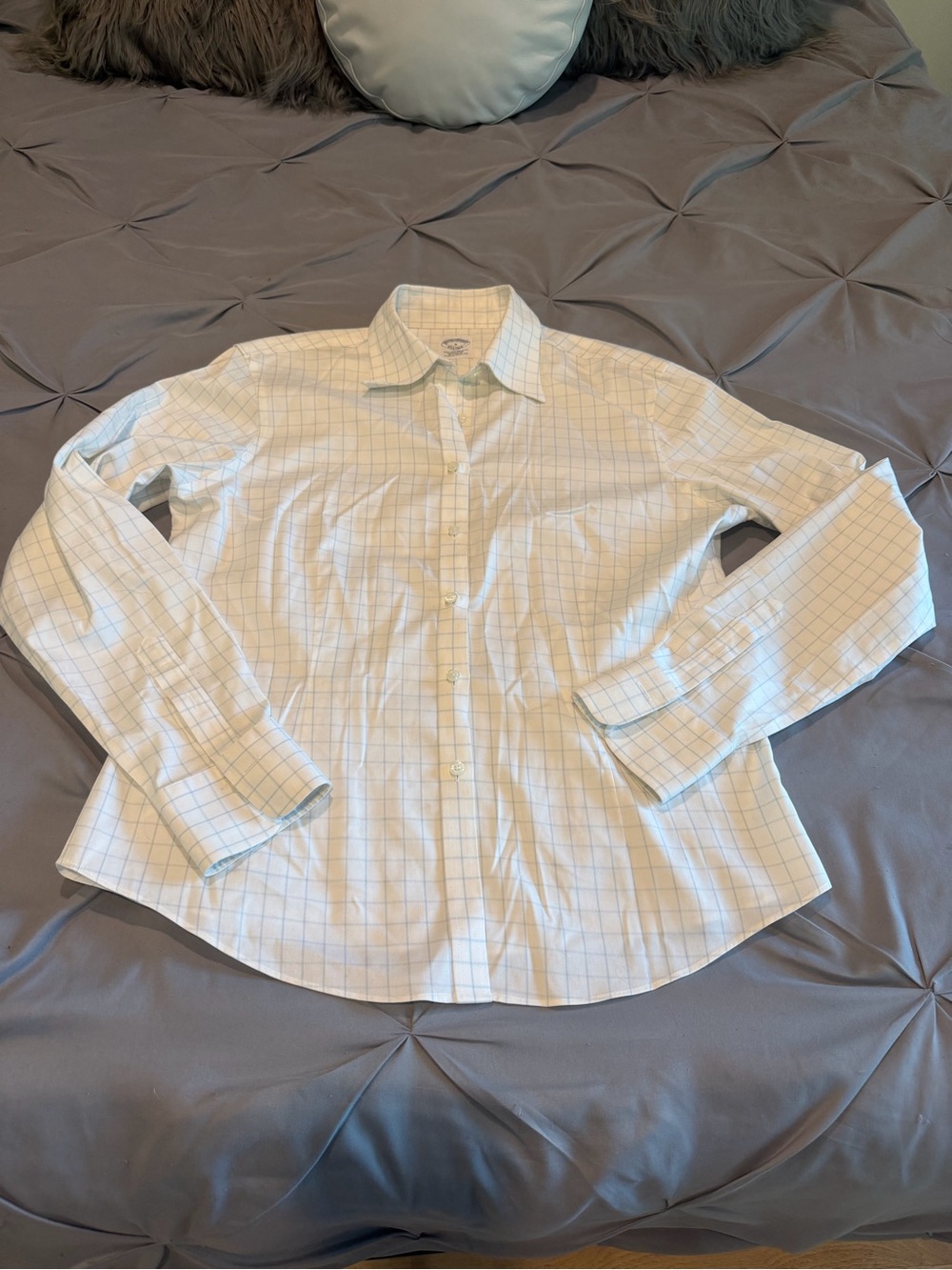 Brooks Brothers White Button-Up Shirt with Light Blue Windowpane